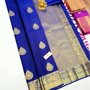 Annam and Lotus Design Kanjivaram Fancy Silk Saree Indigo Blue Color