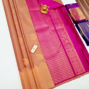 Latest Mango Design Kanjivaram Fancy Silk Saree Light Brown w/ Pink Color