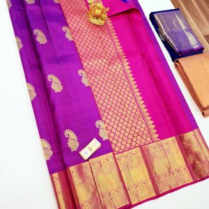 Mango Design Pure Kanjivaram Fancy Silk Sarees Purple w/ Pink Color