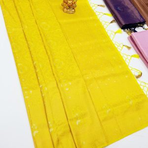 Latest & Trendy Kanjivaram Semi Silk Sarees Lime Yellow Color