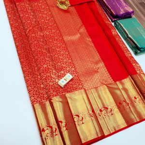 Kanjivaram Pure Wedding Silk Sarees Chilli Red Color w/ Blouse