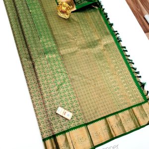Bridal Small Checks Annam and Flower Design Kanjivaram Pure Silk Sarees Bottle Green Color Work