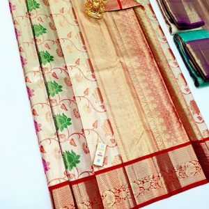 Lotus Design Half White w/ Red Color Kanjivaram Handloom Pure Silk Sarees