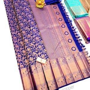 Kanjivaram Pure Silk Sarees Indigo Blue Color Gold Zari Work