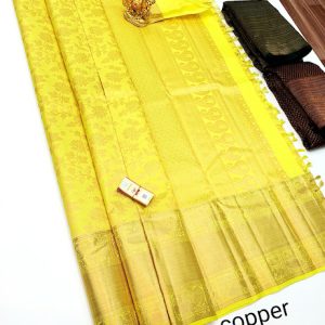 New Kanjivaram Pure Silk Sarees Lemon Yellow Color Copper Zari Work