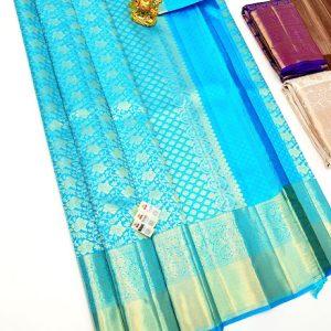 Latest Flower Design Kanjivaram Pure Silk Sarees Light Blue Color