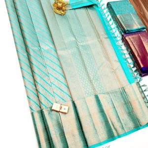 Trendy Kanjivaram Handloom Silk Wedding Saree Light Blue Color