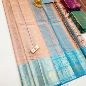 New Latest Design Kanjivaram Pure Bridal Silk Wedding Sarees Light Brown w/ Sky Blue Color