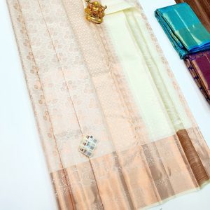 Copper Zari Work Flower Design Kanjivaram Pure Silk Sarees Off White Color w/ Blouse