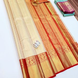 Bridal Design Kanjivaram Pure Silk Sarees Off White w/ Red Color