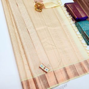 Kanjivaram Pure Silk Saree Bridal Collection Off White Color Copper Zari Work