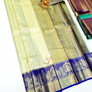 New Porder Design Kanjivaram Pure Bridal Silk Sarees Off White w/ Ink Blue Color