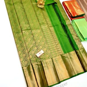 Latest & Trendy Annam and Flower Design Kanjivaram Pure Silk Sarees Parrot Green Color