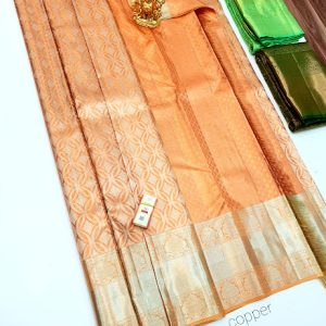 New Trendy Design Kanjivaram Pure Silk Sarees Peach Color w/ Blouse Copper Zari