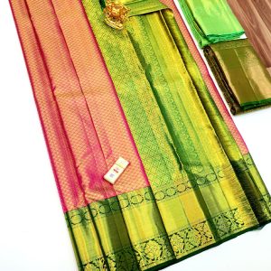 Latest & Trendy Diomond Design Kanjivaram Pure Silk Sarees Pink w/ Green Color w/ Blouse