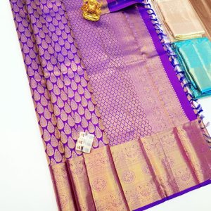 Animals Design Kanjivaram Pure Silk Sarees Purple Color