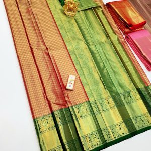 New Design Kanjivaram Pure Silk Sarees Red w/ Green Color w/ Blouse