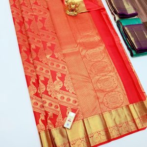 Peacock Design Kanchipuram Pure Silk Sarees (Chilli Red / Red) Color