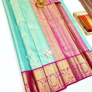 New Trendy Design Kanjivaram Pure Silk Wedding Sarees Sapphire Green w/ Pink Color