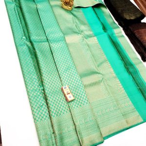 Trendy Kanjivaram Pure Silk Sarees Sapphire Green Color w/ Blouse