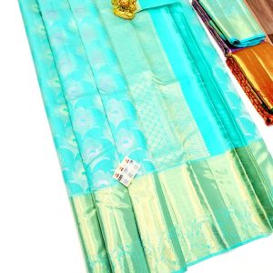 Peacock Feather Design Kanjivaram Pure Silk Wedding Sarees Sapphire Green Color