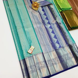 Diomond Design Kanjivaram Pure Silk Sarees Sky Blue w/ Ink Blue Color White Zari Work