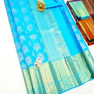 Kanjivaram Pure Silk Sarees Sky Blue Color Peacock Feather Design w/ Blouse