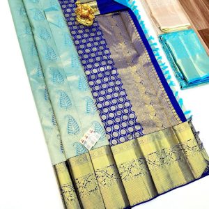 New Kanjivaram Pure Silk Sarees Light Green w/ Blue Color