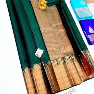 Peacock and Flower Design Pure Kanjivaram Fancy Silk Saree Bottle Green Color w/ Blouse