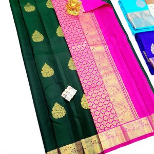 Trendy Design Pure Kanjivaram Fancy Silk Saree DarkGreen w/ Rose Color