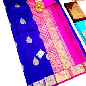 Pure Kanjivaram Fancy Silk Saree Ink Blue w/ Pink Color
