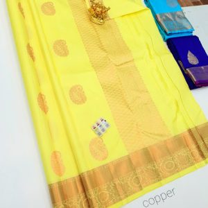 Pure Kanjivaram Fancy Silk Saree Lemon Yellow Color Copper Zari Work