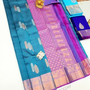 New Trendy Design Pure Kanjivaram Fancy Silk Saree Light Blue w/ Rose Color
