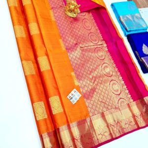 Latest Design Pure Kanjivaram Fancy Silk Saree Orange w/ Magenta Color