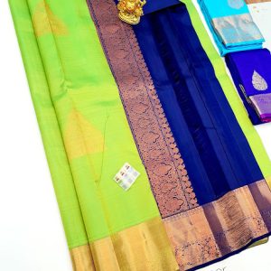 Copper Zari Work Pure Kanjivaram Fancy Silk Saree Parrot Green w/ Blue Color