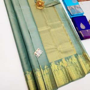 Latest Elephant Design Pure Kanjivaram Fancy Silk Saree Pista Green, Green, Light Cream Color