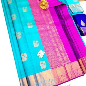 Mango Design Pure Kanjivaram Fancy Silk Saree Ramar Blue w/ Magenta Color