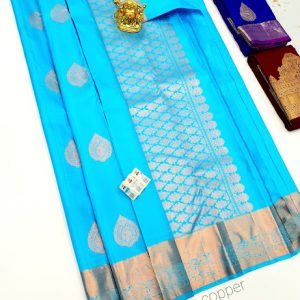 Copper Zari Work Pure Kanjivaram Fancy Silk Saree Sky Blue Color w/ Blouse