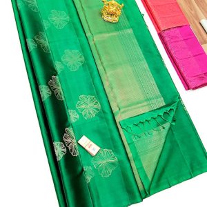 Fancy Flower Design Pure Soft Silk Sarees Bottle Green Color
