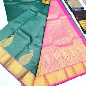 Mango Design Pure Soft Silk Sarees Green w/ Pink Color