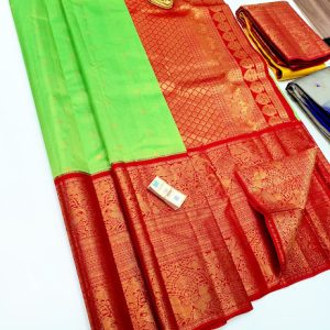 Big Border Design Pure Soft Silks Saree Green w/ Red Color