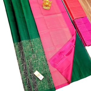 Pure Soft Silk Sarees Thread Work Design Green Color w/ Pink