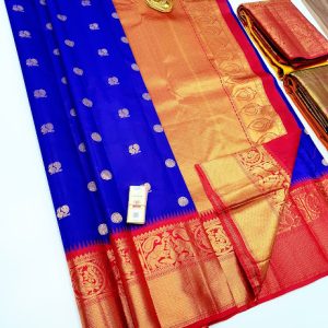 Big Border Annam & Elephant Design Pure Soft Silks Saree Ink Blue w/ Red Color