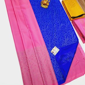 New Trendy Design Pure Soft Silks Sarees Louts Rose w/ Ink Blue Color