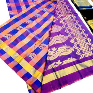 Checks Design Pure Soft Silk Saree Multi Color