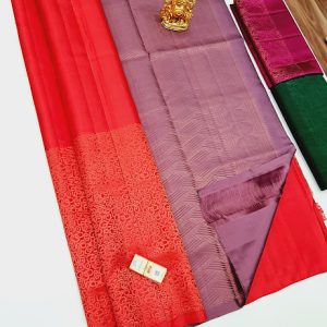 Trendy Pure Soft Silk Sarees Thread Work Design Orange color w/ Light Purple