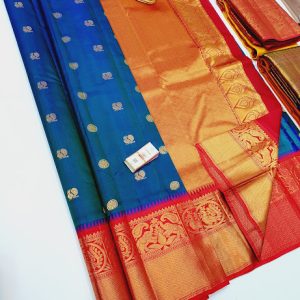 Latest and Trendy Design Pure Soft Silks Saree Peacock Blue w/ Red Color