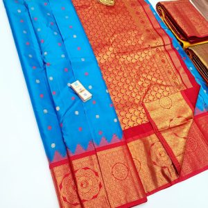 New Putta Design Pure Soft Silks Saree Sky Blue w/ Red Color