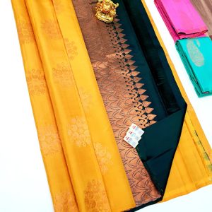 New Flower Design Pure Soft Silks Sarees Yellow w/ Dark Green Color w/ Blouse