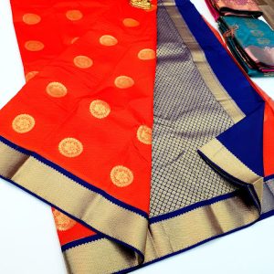 Different Design Butta Mphoss Saree Orange w/ Blue Color